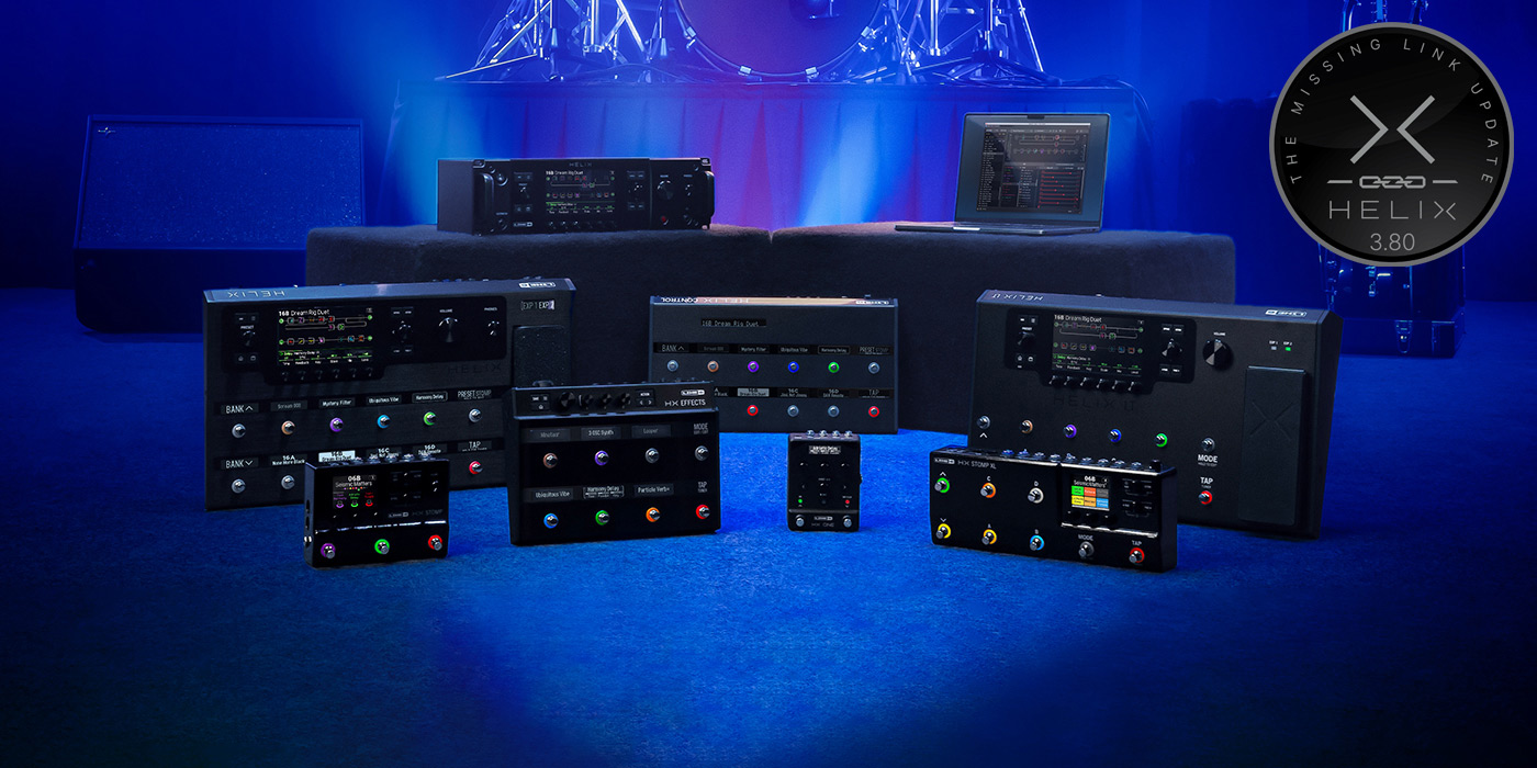 Helix and HX family products displayed on a stage with blue lighting. New Helix 3.60 update.