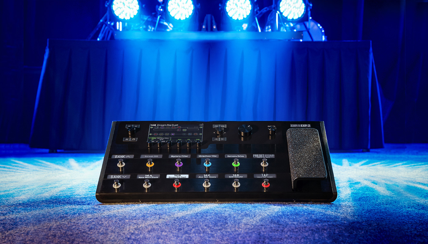 Helix Floor displayed on a stage with blue stage lighting