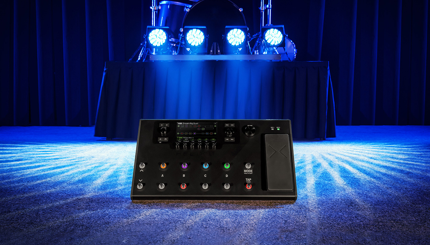 Helix LT displayed on a stage with blue stage lighting