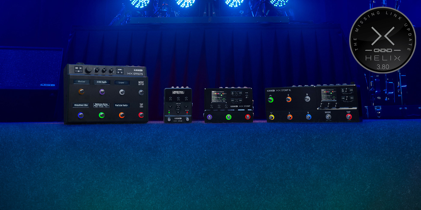 HX Effects, HX One, HX Stomp, and HX Stomp XL displayed on a stage