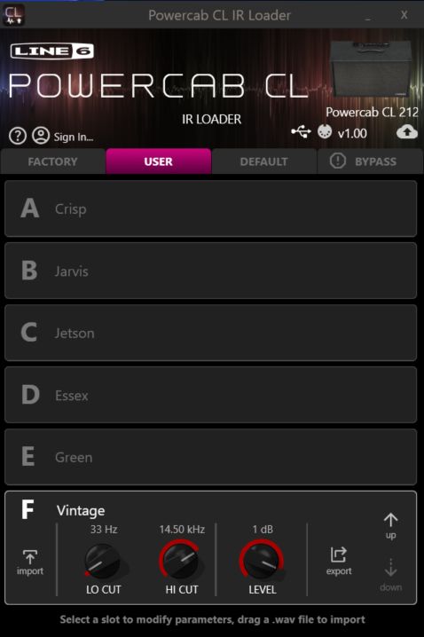Powercab CL IR Loader screenshot showing Vintage Lo Cut, Hi Cut, Level