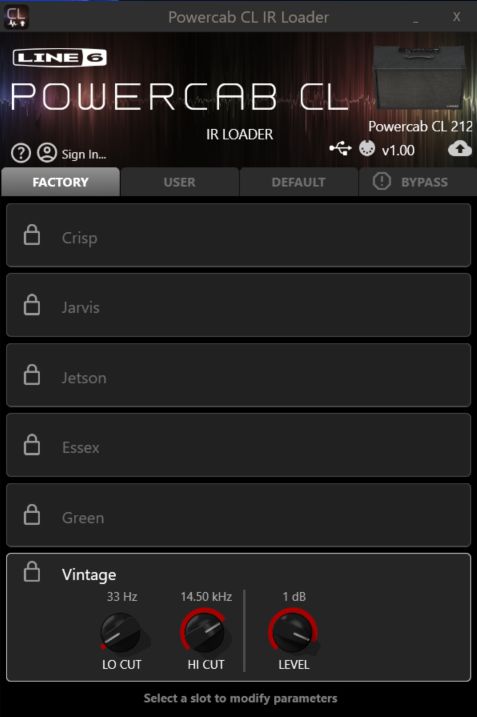 Powercab CL IR Loader screenshot showing Vintage Lo Cut, Hi Cut, Level