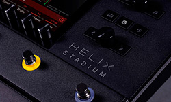 Close-up of Helix Stadium logo, knobs, and 2 footswitches on the Helix Stadium Floor thumbnail