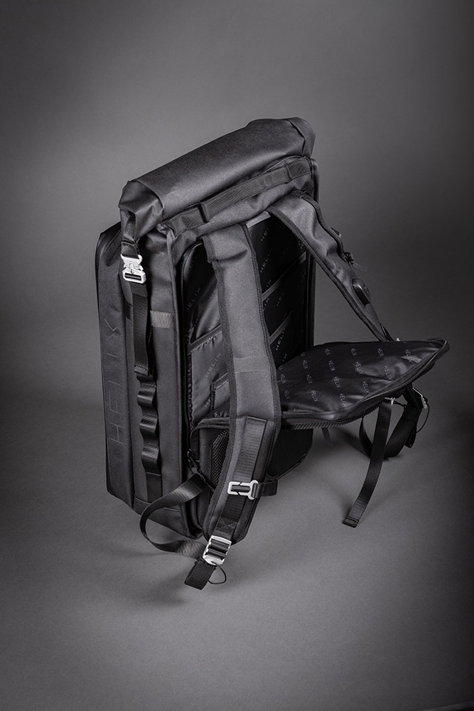 Back view of the back of the Helix Stadium Backpack with the back pocket open