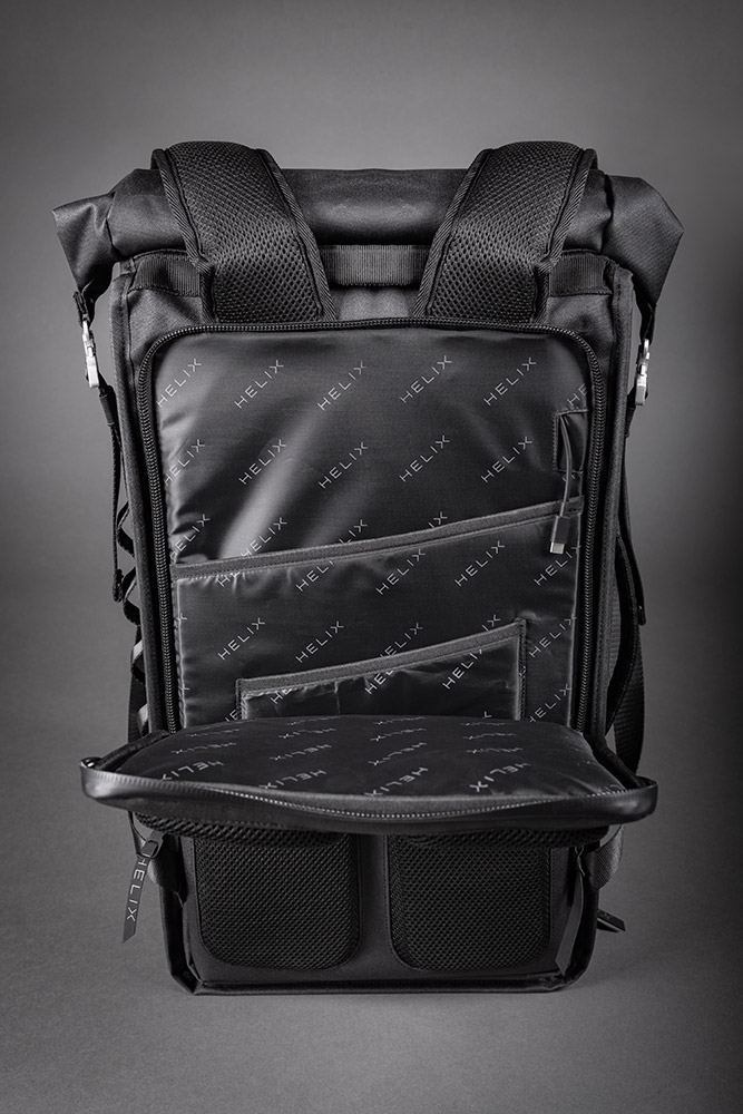 Close-up view of the outer pocket opened of the Helix Stadium Backpack