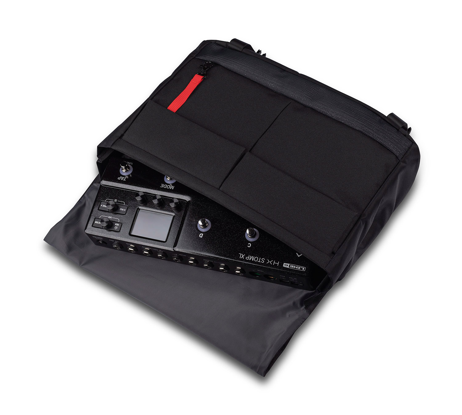 Top down view inside of HX Stomp XL in the HX Messenger Bag