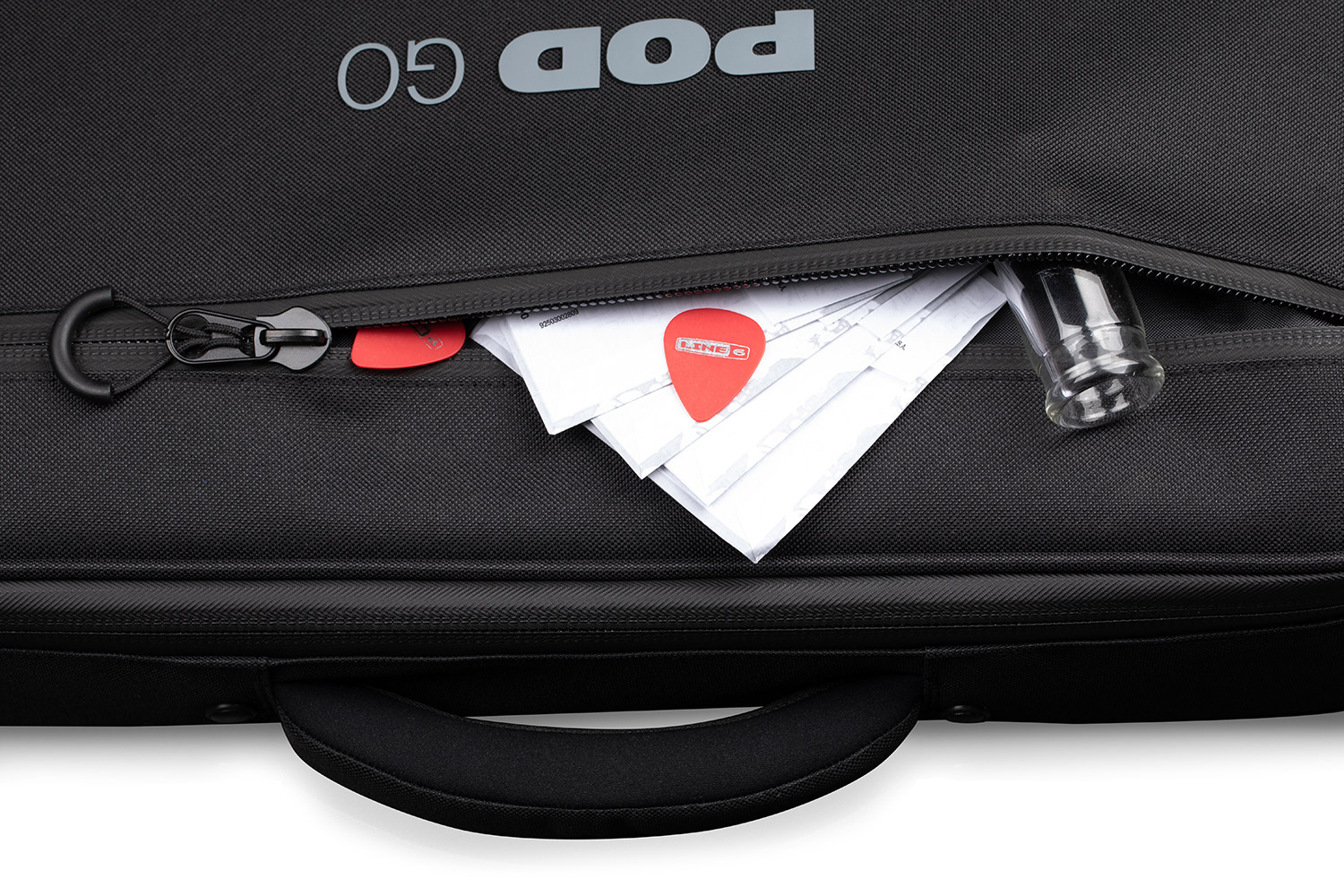 Close-up of front pocket for picks and more on POD Go and POD Go Wireless Shoulder Bag