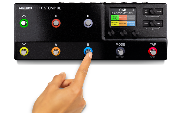 Finger pressing the third footswitch labeled B on the bottom row of HX Stomp XL 