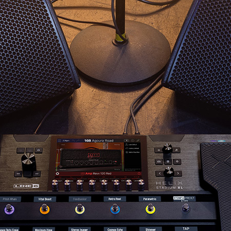cut up image with bottom part of stage monitor, top part of Helix Stadium XL Floor and microphone stand