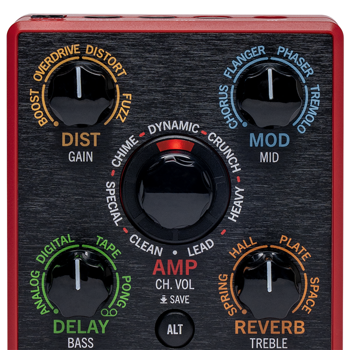 Top image of the POD Express Guitar Distortion, Modulation, Delay, Amp, and Reverb controls