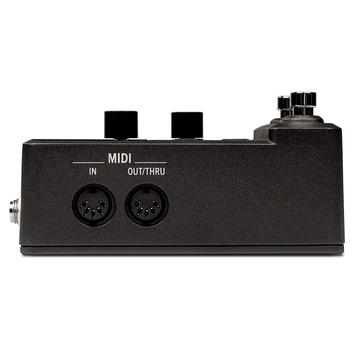 Side of HX One showing MIDI IN and OUT/THRU